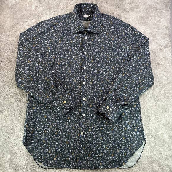 Kiton Men's Size 45 100% Wool Green Floral Print Button Down Shirt Long Sleeve - Picture 1 of 8